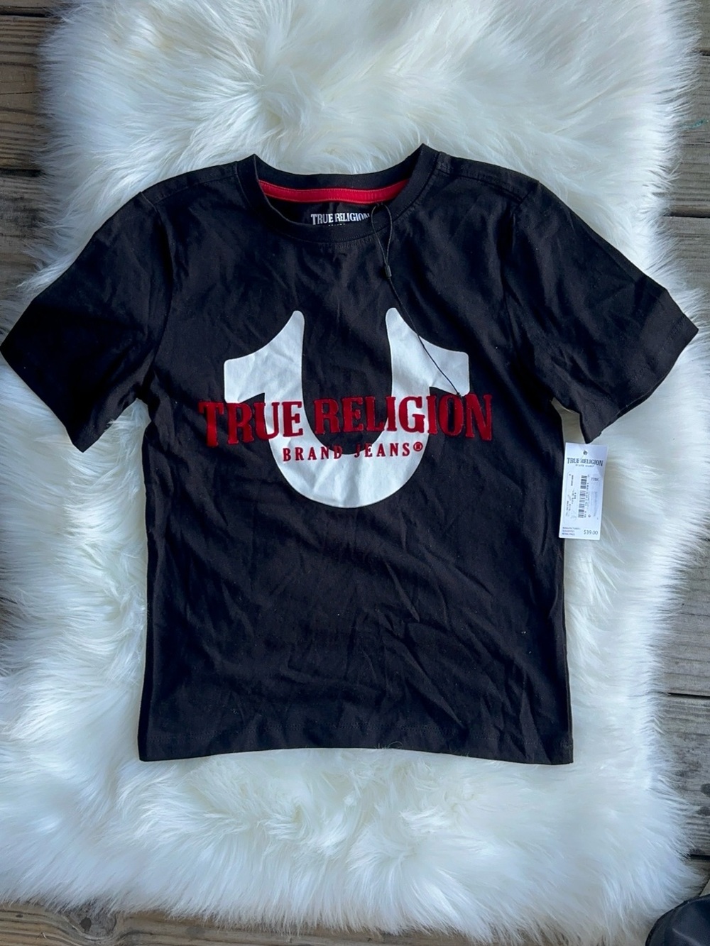 True Religion Kids Black Tee with White Logo and Red Text